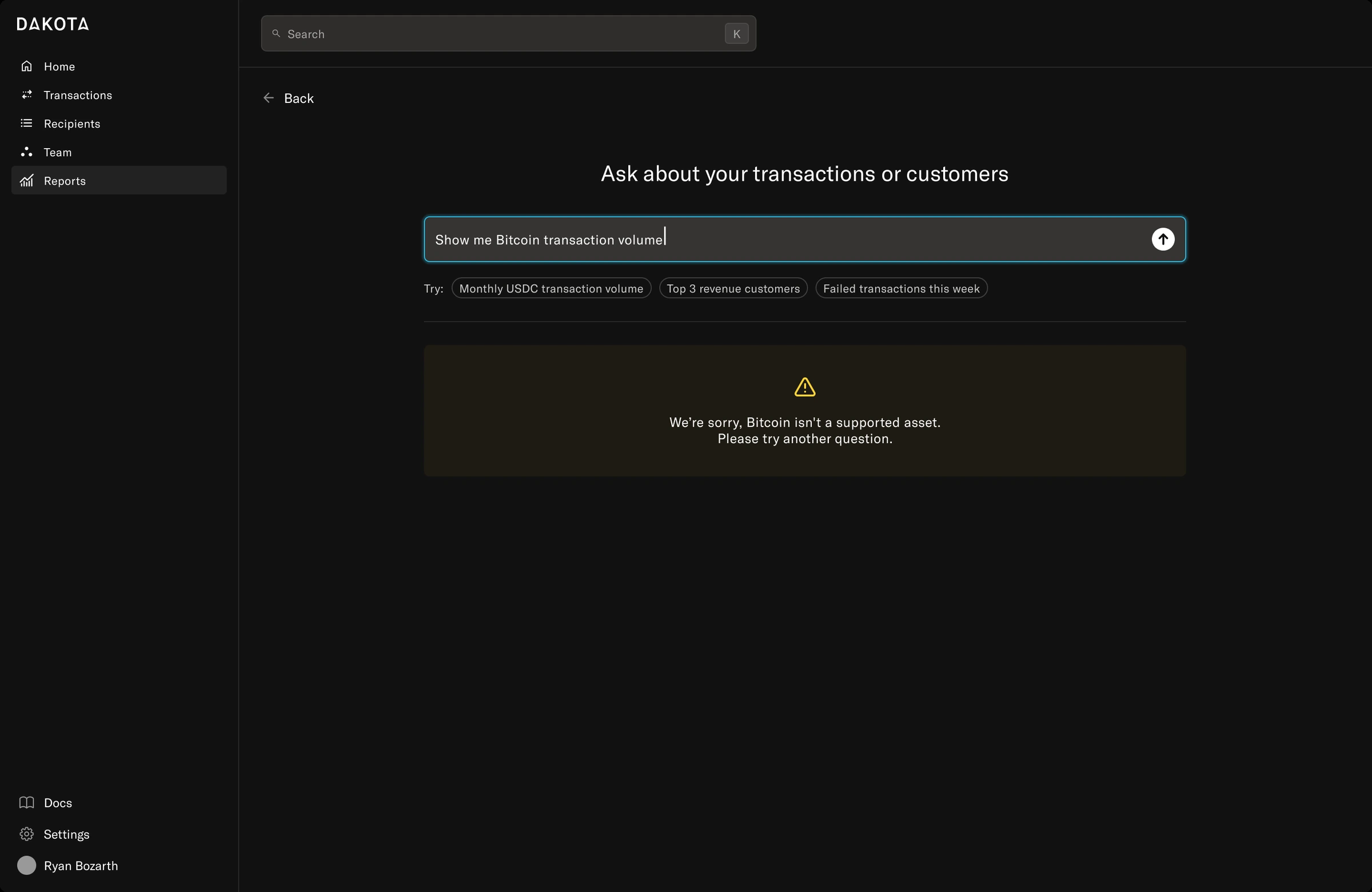 Original unsupported Bitcoin asset state with a specific error, an editable question and example prompts.
