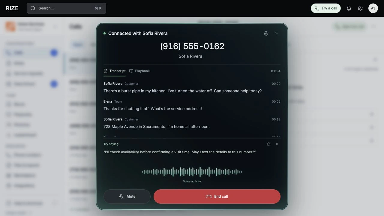 Connected Rize call with a live transcript, playbook tab and suggested question