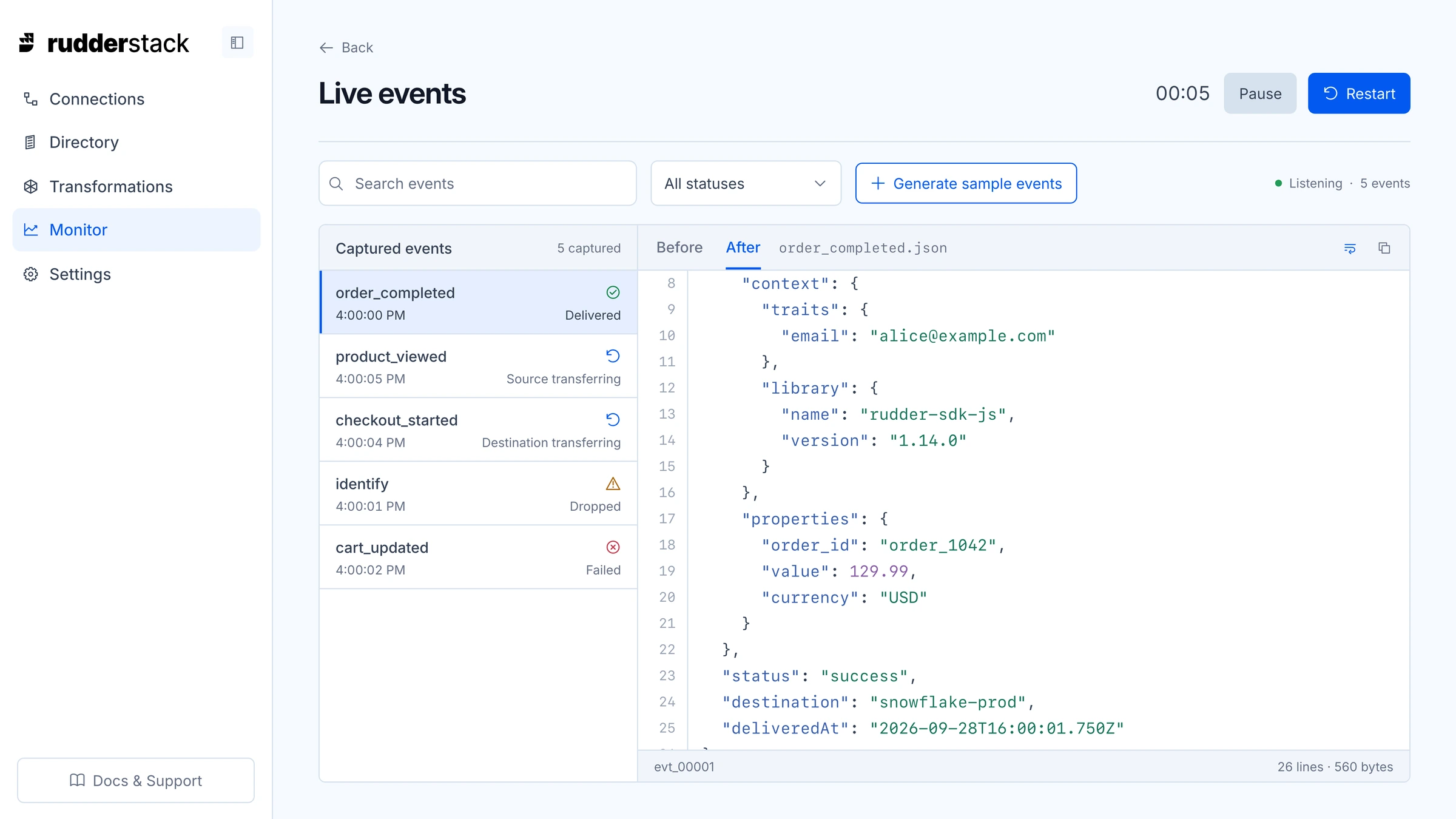 RudderStack Live Events with event outcomes and the selected JSON payload